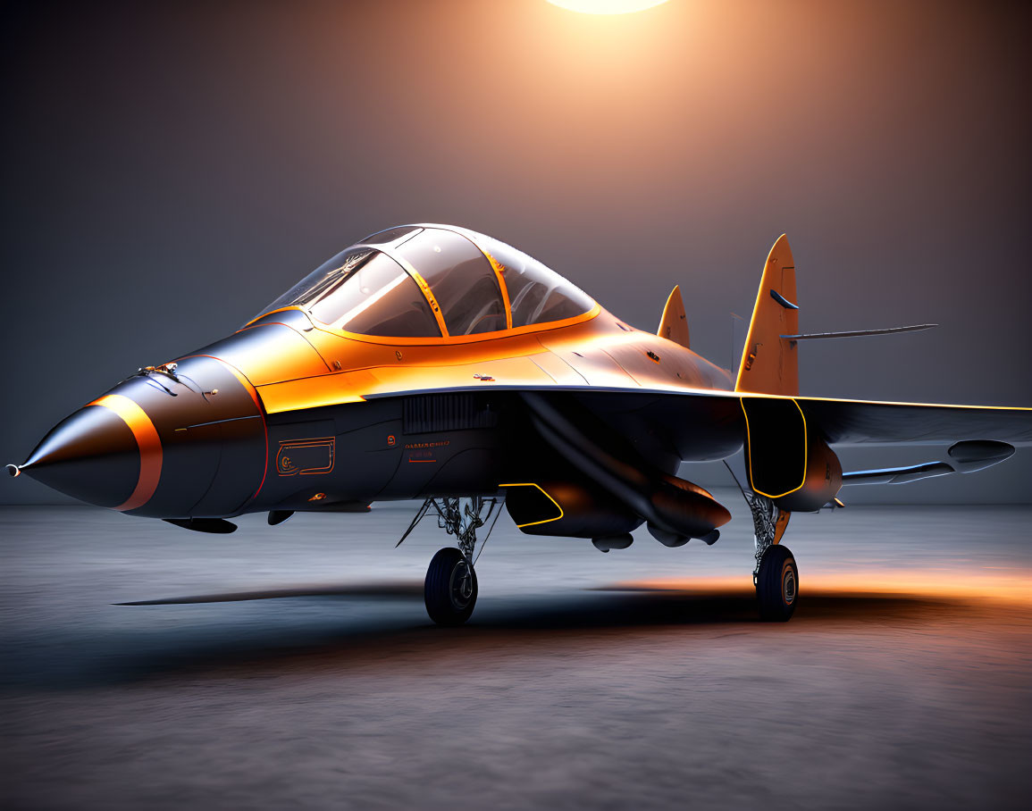 Sleek Fighter Jet with Orange and Black Livery in Sunlit Setting