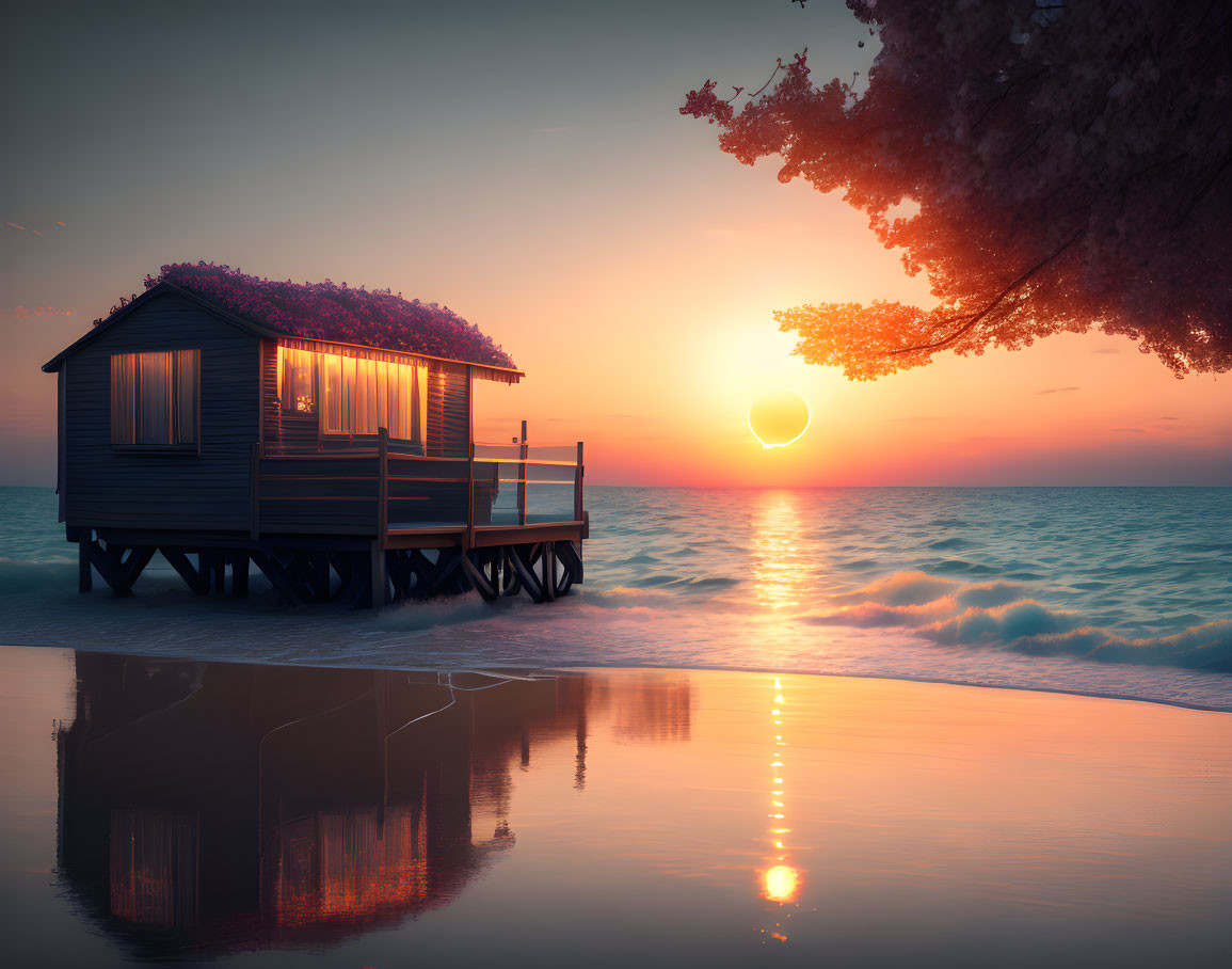 Tranquil sunset scene with wooden hut on stilts, flower-covered roof, calm sea, and