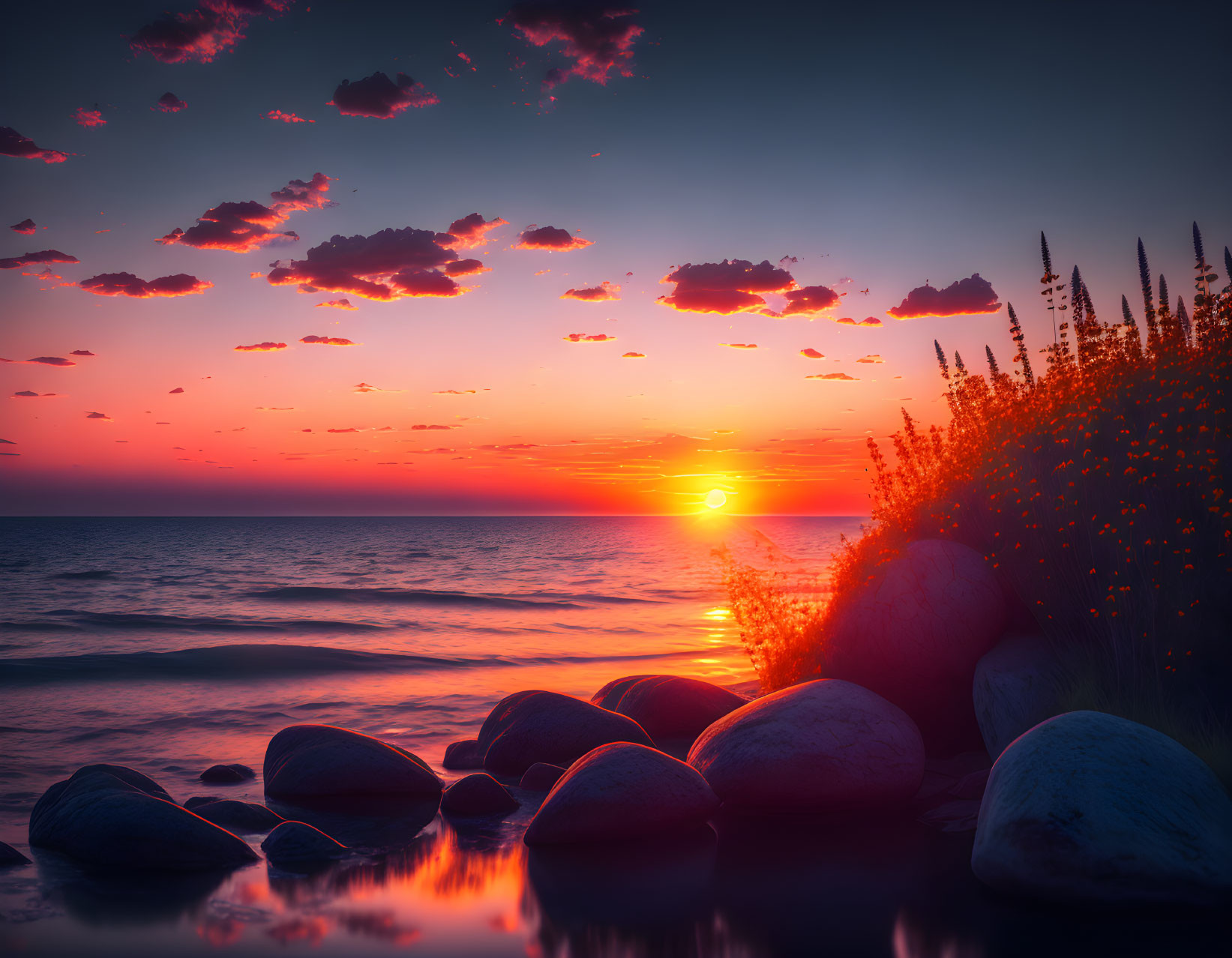 Tranquil sunset beach scene with smooth rocks, wildflowers, and vibrant sky.