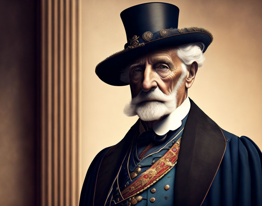 Elderly man in top hat and military jacket with medals portrait