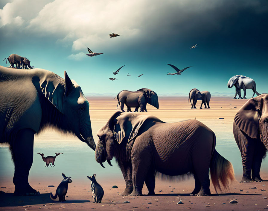 Surreal landscape with elephants, kangaroo, birds, and dramatic sky