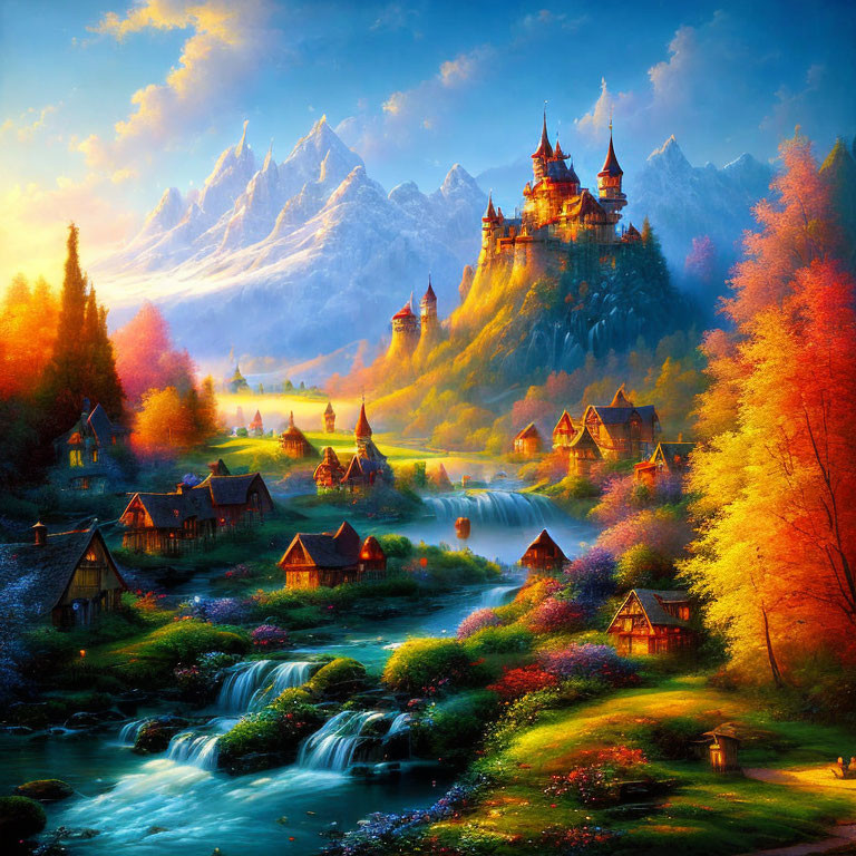 Majestic castle in vibrant fantasy landscape with waterfalls & autumn trees