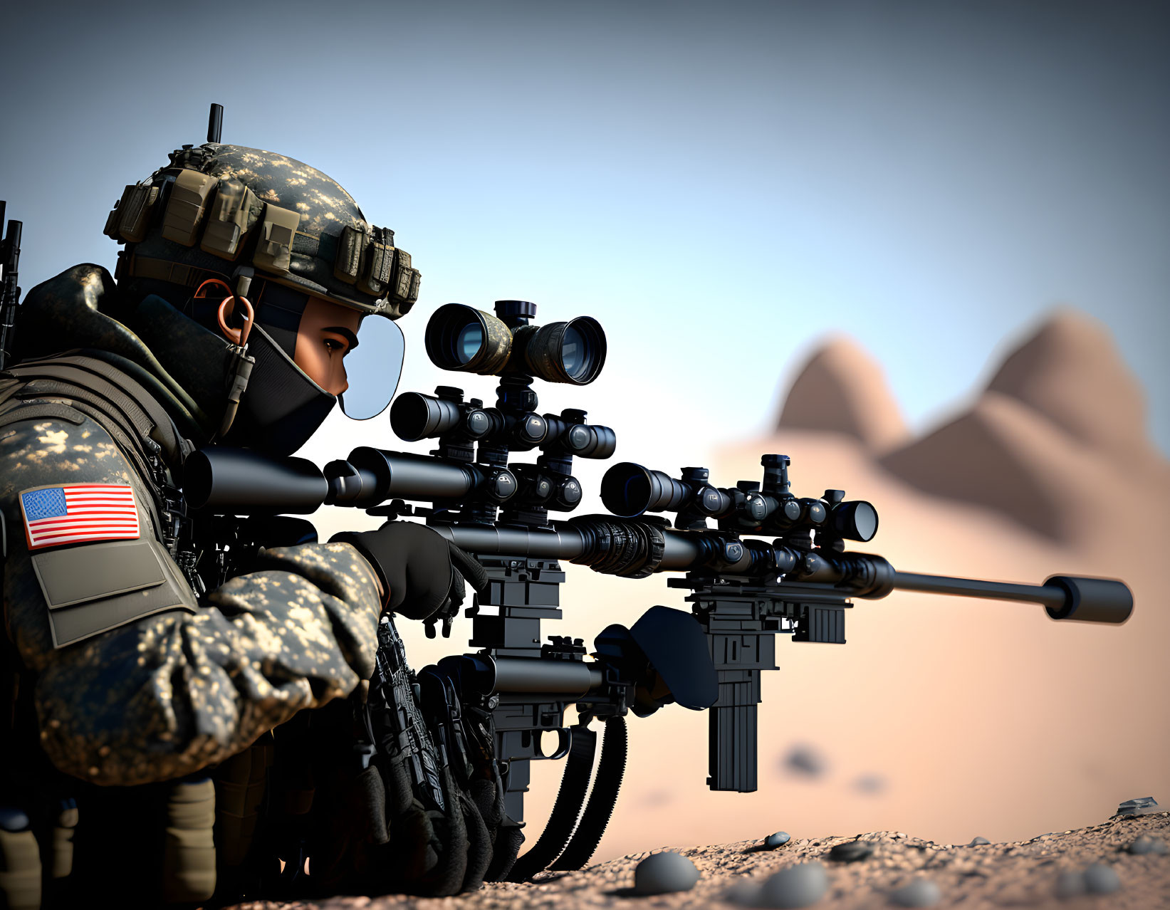 Military sniper in full gear aiming rifle with scopes, American flag patch, sandy rocky background