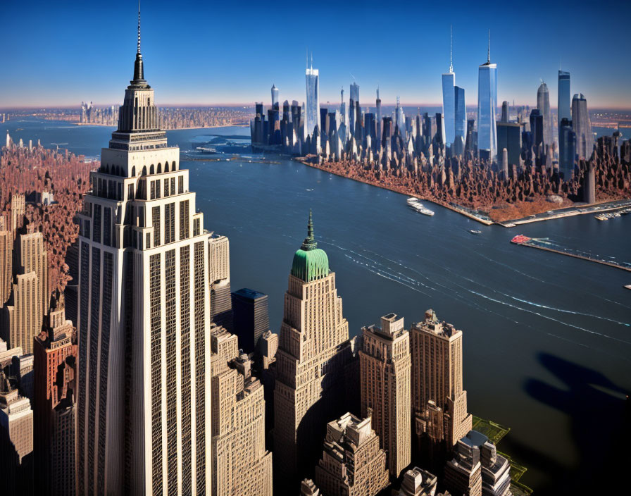 Iconic city skyline with skyscrapers and river under clear sky