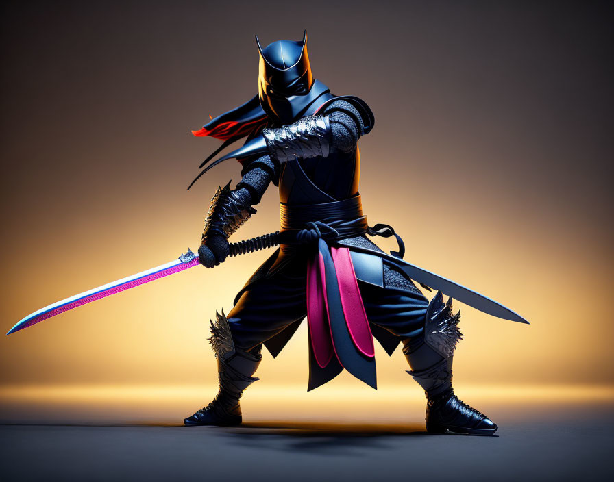 Stylized ninja in black costume with glowing sword on gradient background