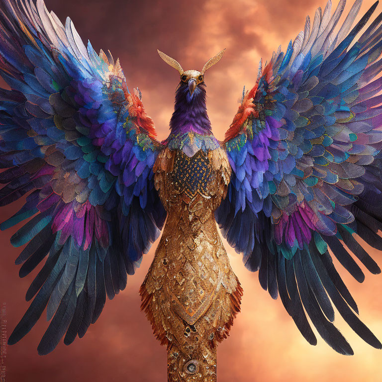 Colorful Fantasy Bird with Iridescent Wings and Golden Feathers