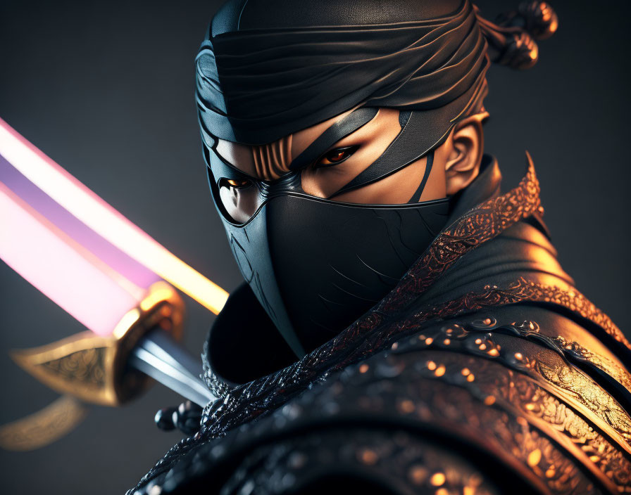 Detailed Traditional Armor Ninja with Glowing Pink Sword