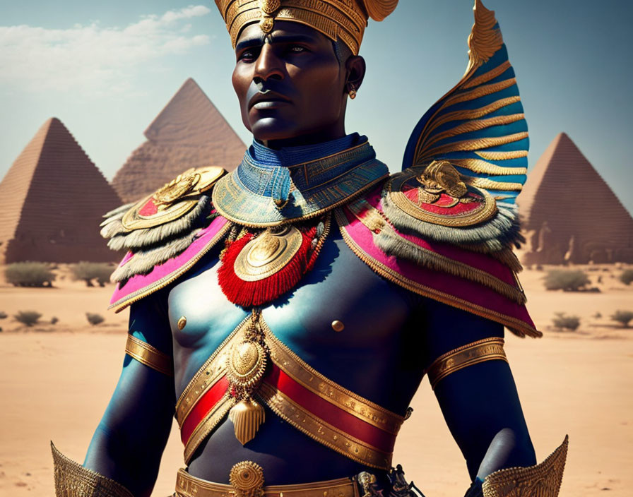 Stylized ancient Egyptian figure in ornate armor with pyramids.