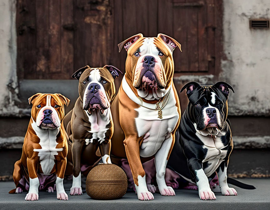 Four Bulldogs in Trendy Outfits with Basketball and Gold Chain