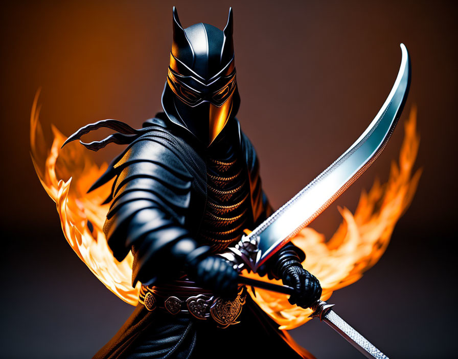 Dynamic Ninja Figurine in Black Armor with Sword in Fiery Flames Background