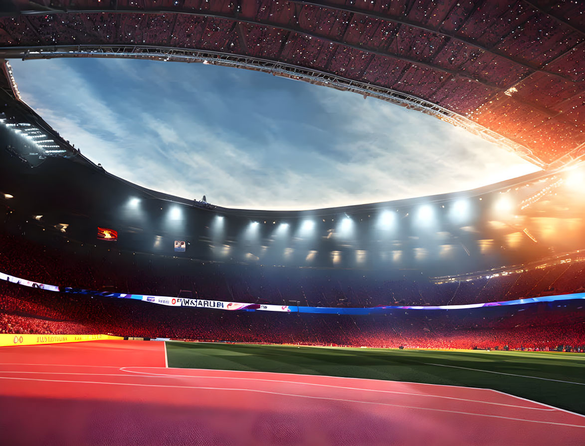 Crowded football stadium at dusk with bright lights