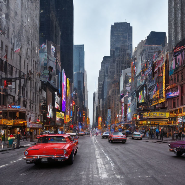 City street at dusk with billboards, high-rise buildings, and vintage cars.