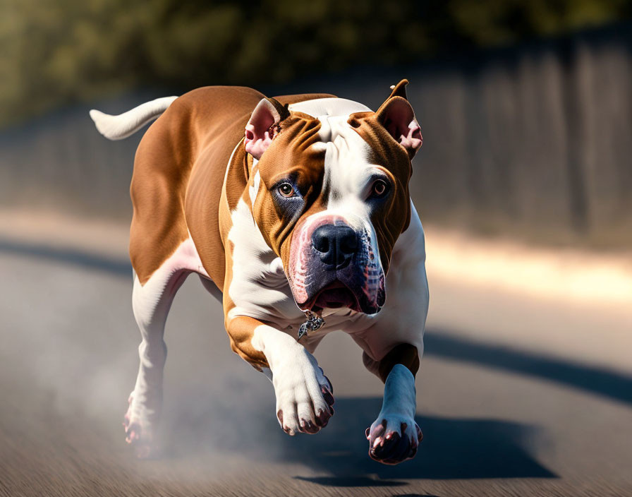 Muscular Brown and White Dog Running on Paved Road