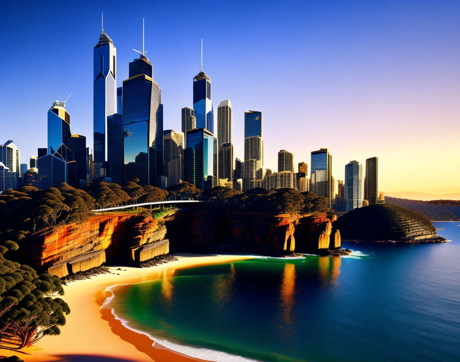 Modern skyscrapers overlooking sandy beach and calm waters at sunset