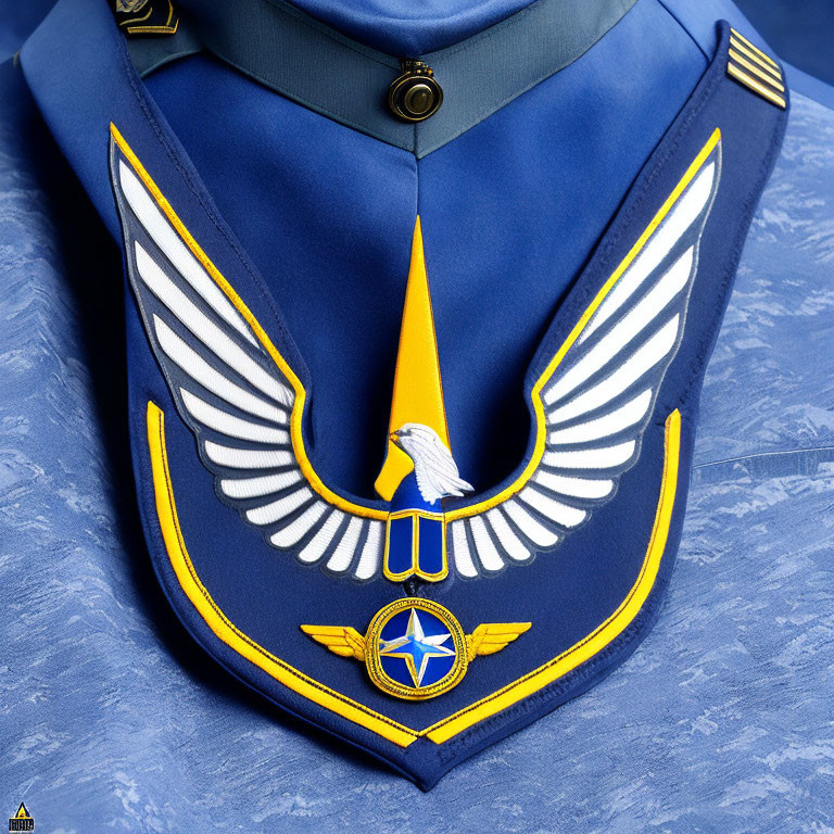 Detailed close-up of blue military uniform with golden eagle insignia and rank epaulettes