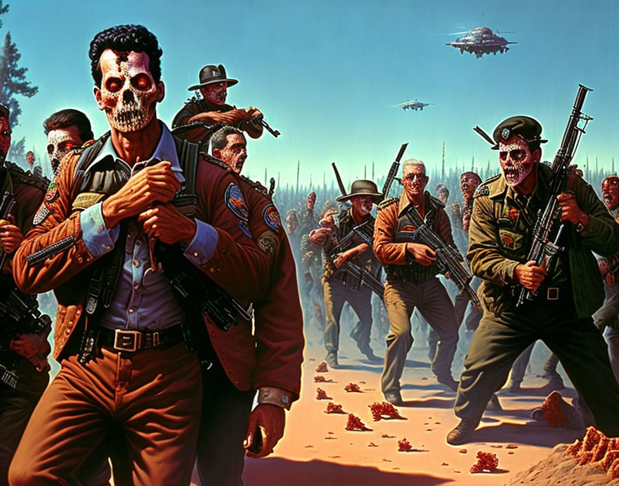 Zombie-like Figures in Law Enforcement Attire with Flying Saucers in Desert