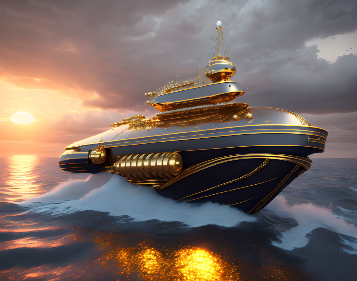 Luxurious gold-accented yacht sailing at sunset with dramatic sky.