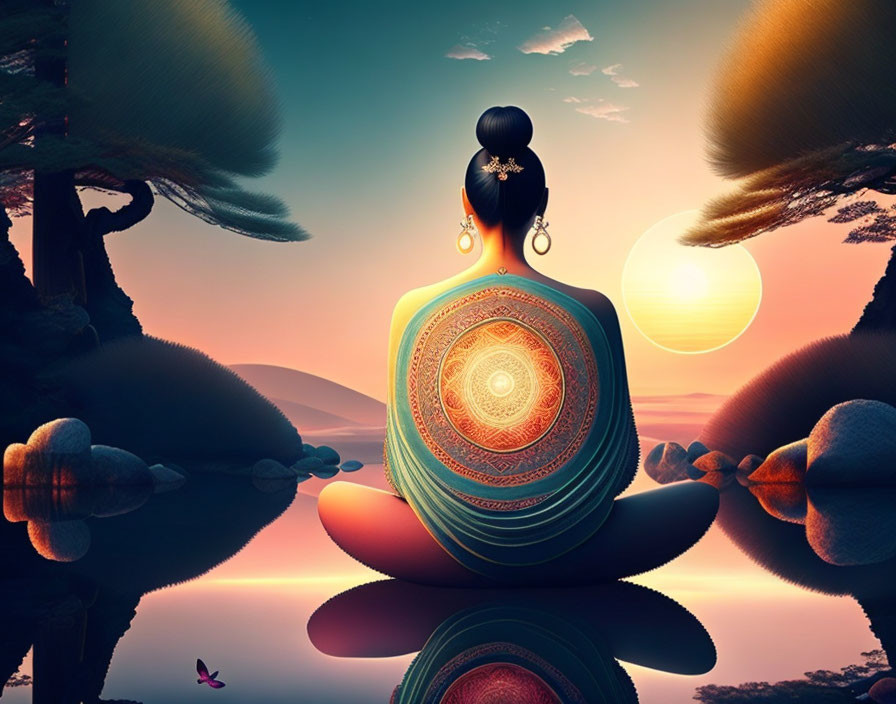 Surreal landscape with meditating figure and colorful mandala pattern