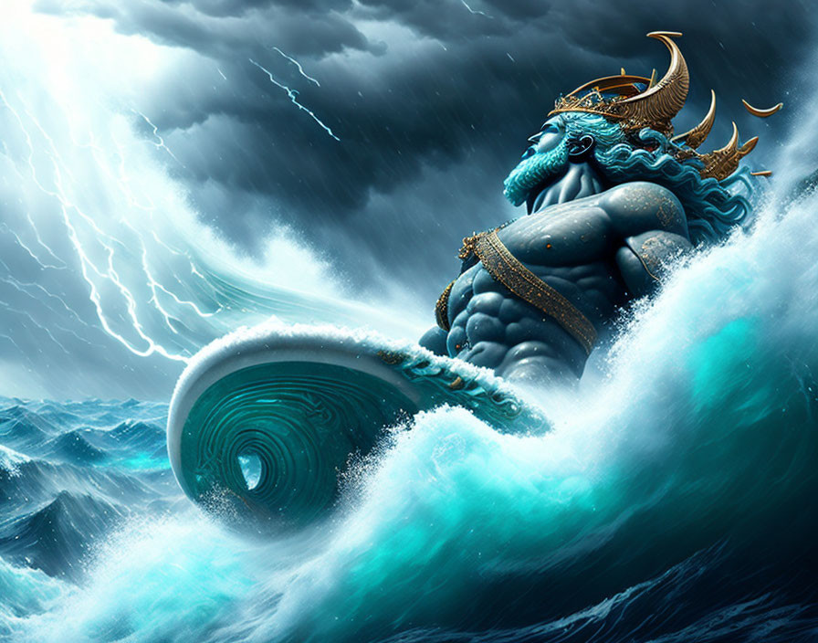 Blue-skinned, four-armed figure emerges from stormy ocean waves