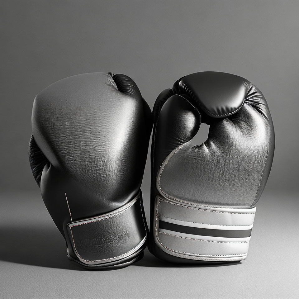 Black Boxing Gloves with White Accents on Gray Background