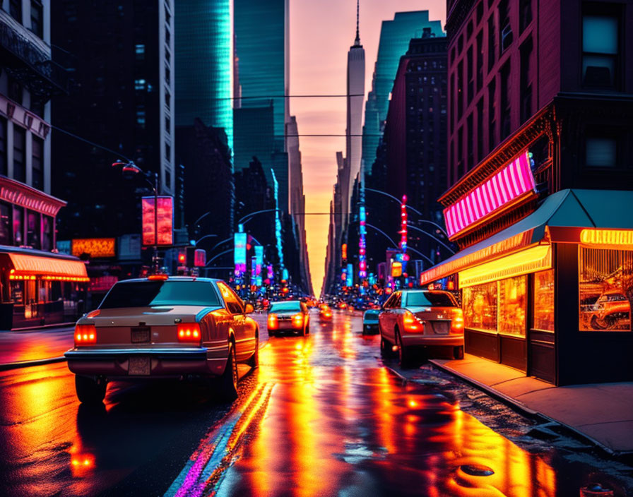 Twilight city street with neon lights, reflections, cars, and skyscrapers