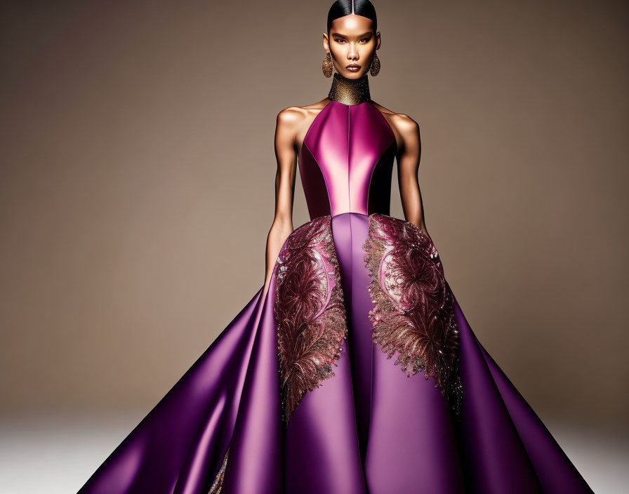 Luxurious Purple Gown with High Neck and Embroidered Details