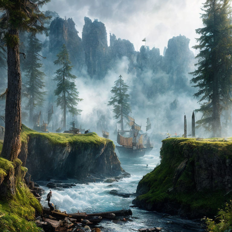 Fantasy landscape with rushing river, misty woods, towering spires & anchored ship.