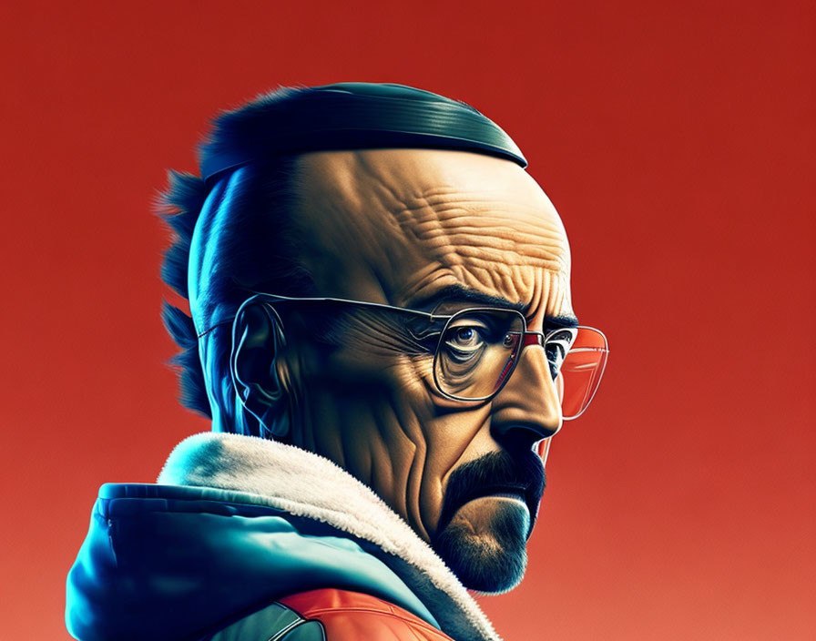 Stylized portrait of bald man with mustache and goatee in glasses and jacket on red background