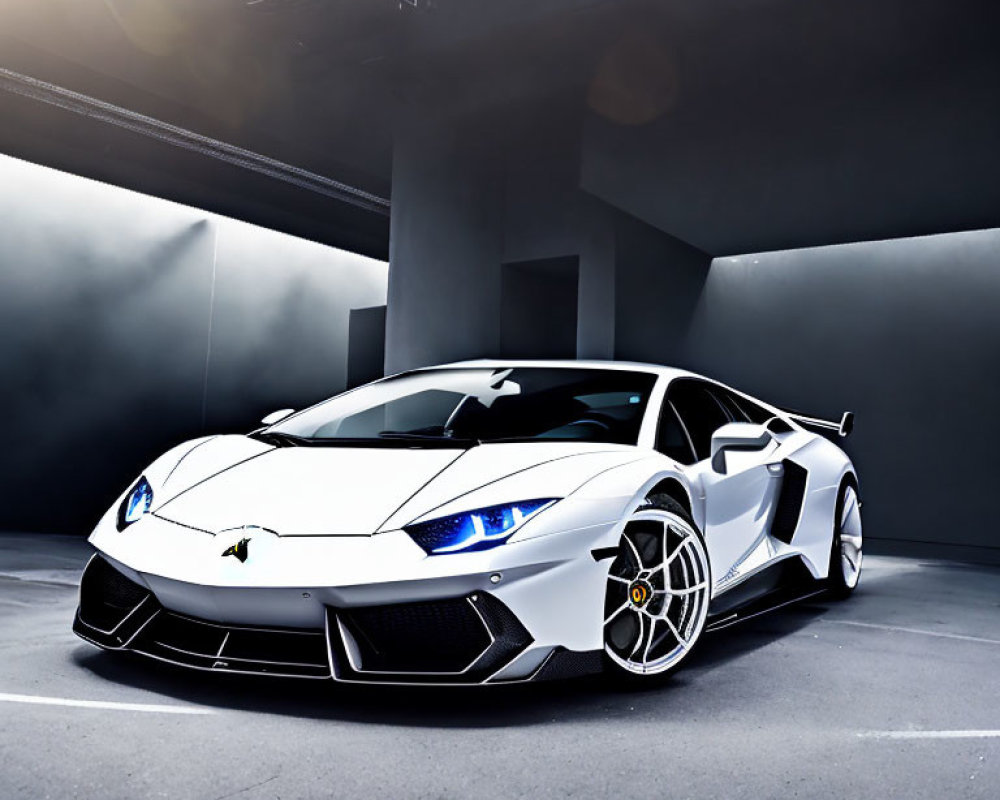 Luxury White Lamborghini Aventador in Dark Studio with Blue LED Headlights