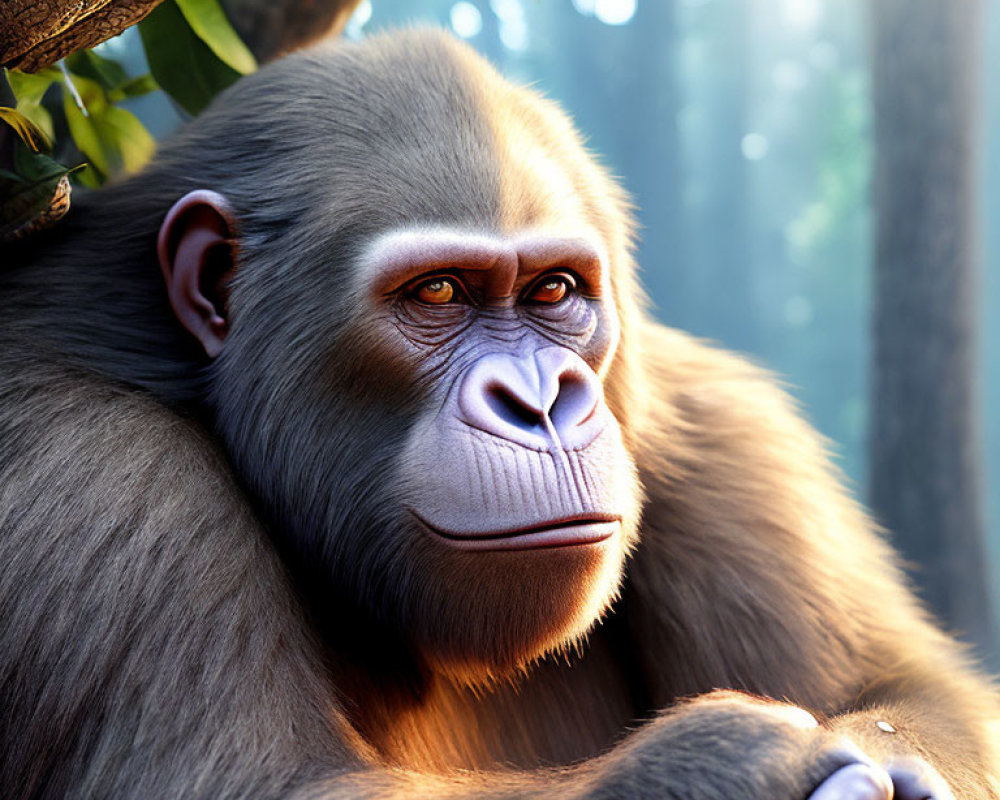 Piercing-eyed gorilla in sunlit forest landscape