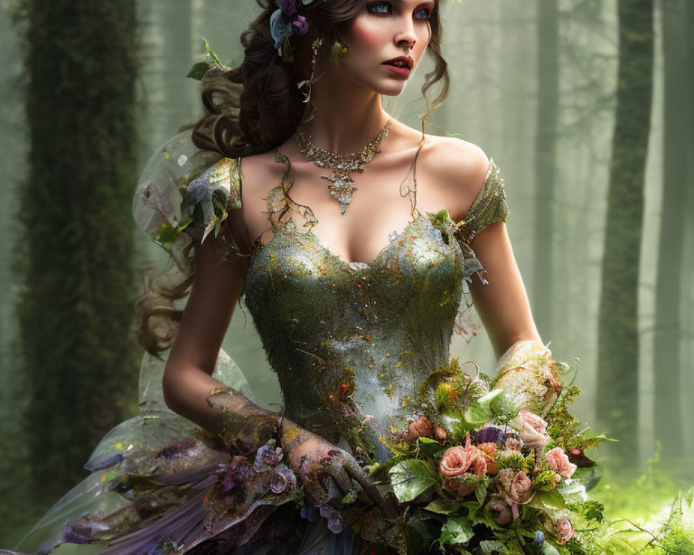 Woman in Floral Fairy Costume Poses in Misty Forest