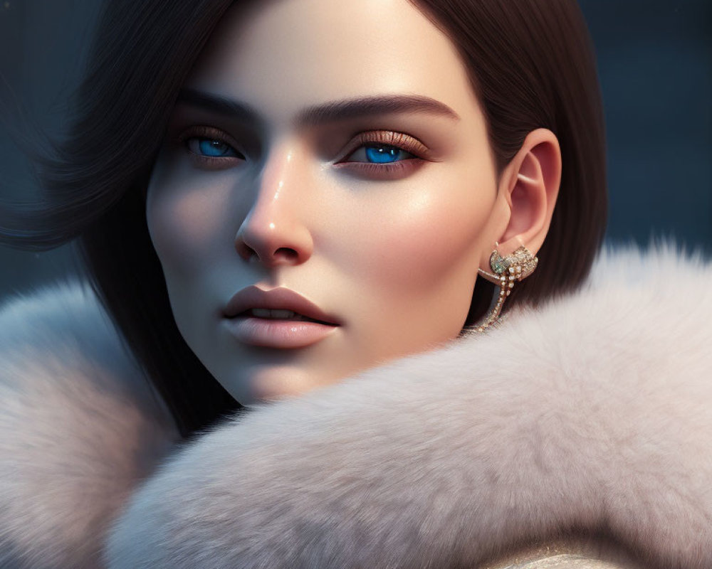 Detailed digital portrait of a woman with blue eyes, smooth skin, brown hair, fur collar, and