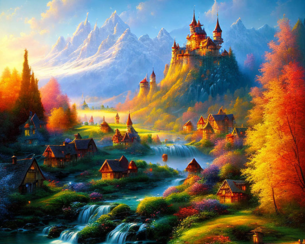 Majestic castle in vibrant fantasy landscape with waterfalls & autumn trees