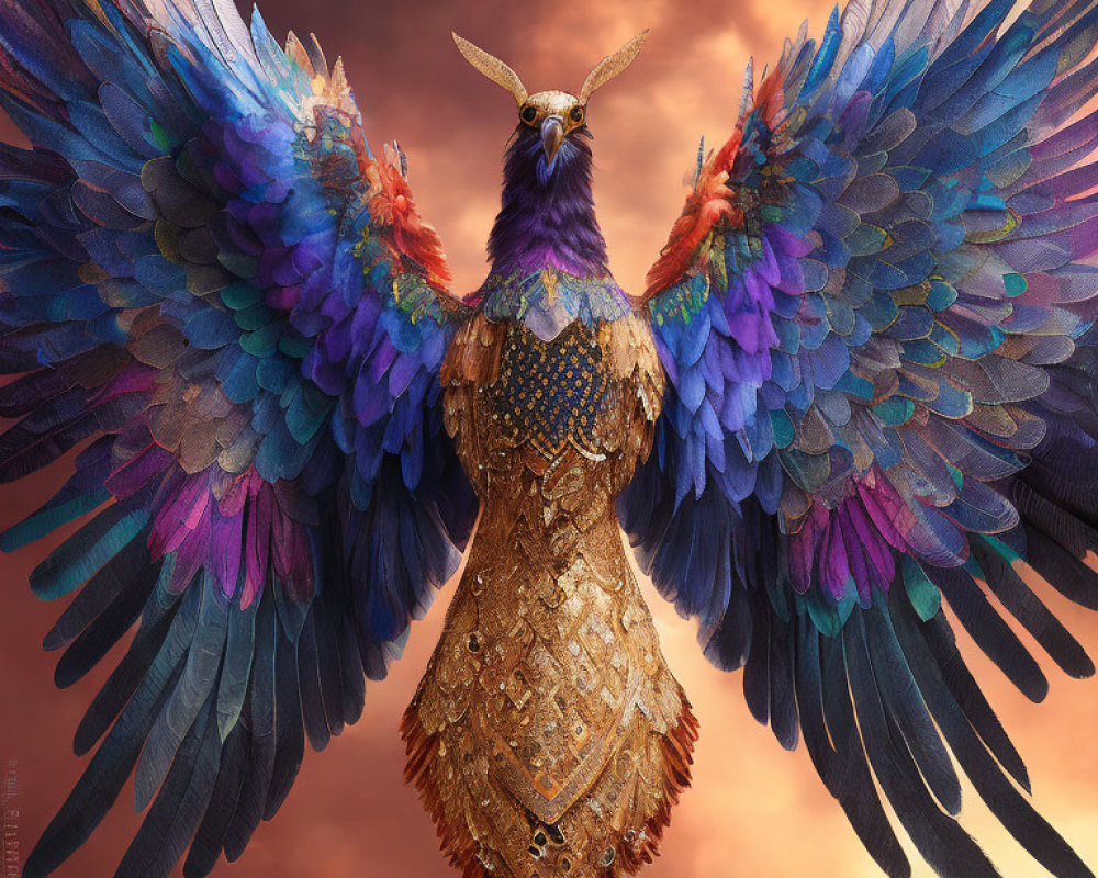 Colorful Fantasy Bird with Iridescent Wings and Golden Feathers