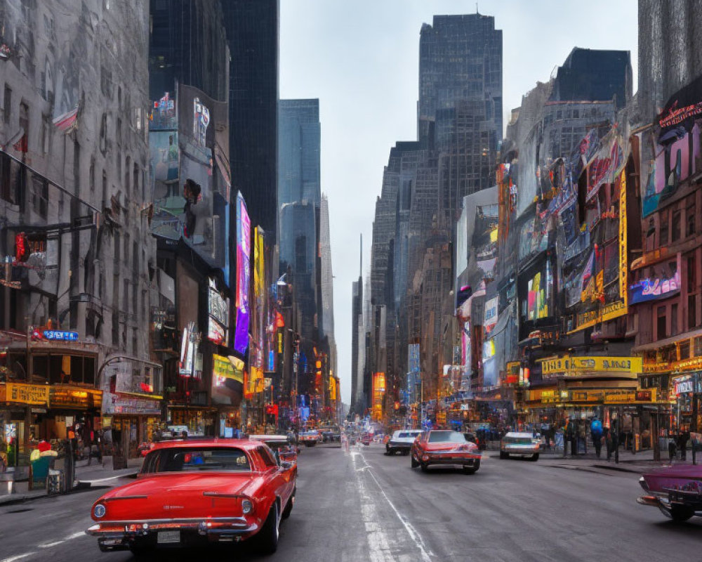 City street at dusk with billboards, high-rise buildings, and vintage cars.