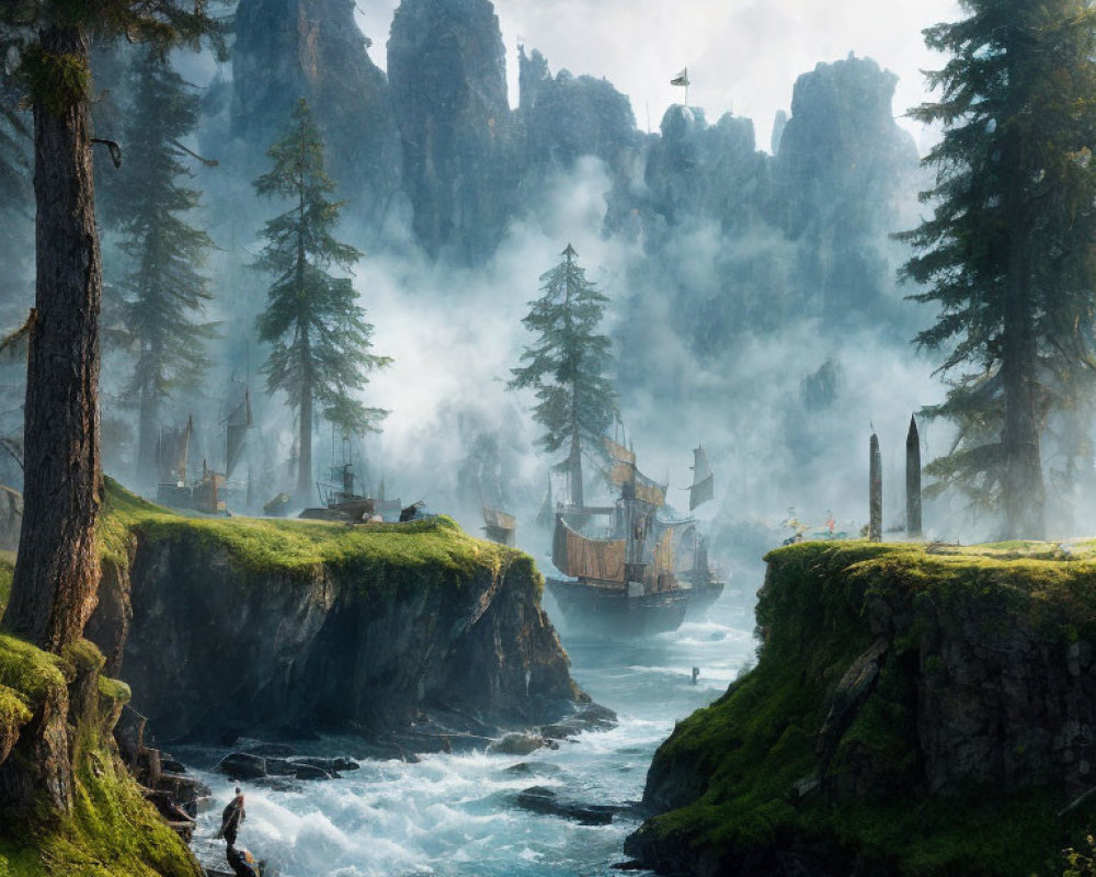 Fantasy landscape with rushing river, misty woods, towering spires & anchored ship.