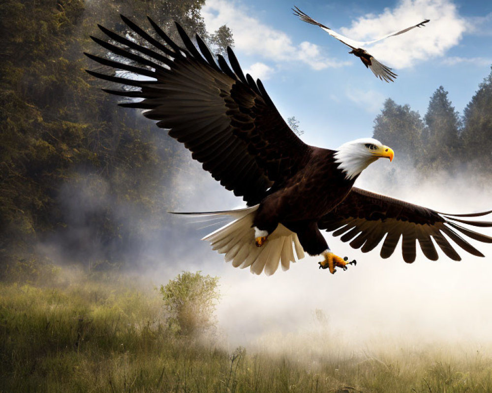 Misty field with soaring eagle and cloudy sky scene