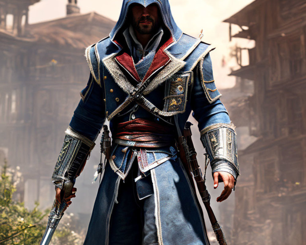 Character in Blue and White Assassin's Robe with Hidden Blade in Old City Setting