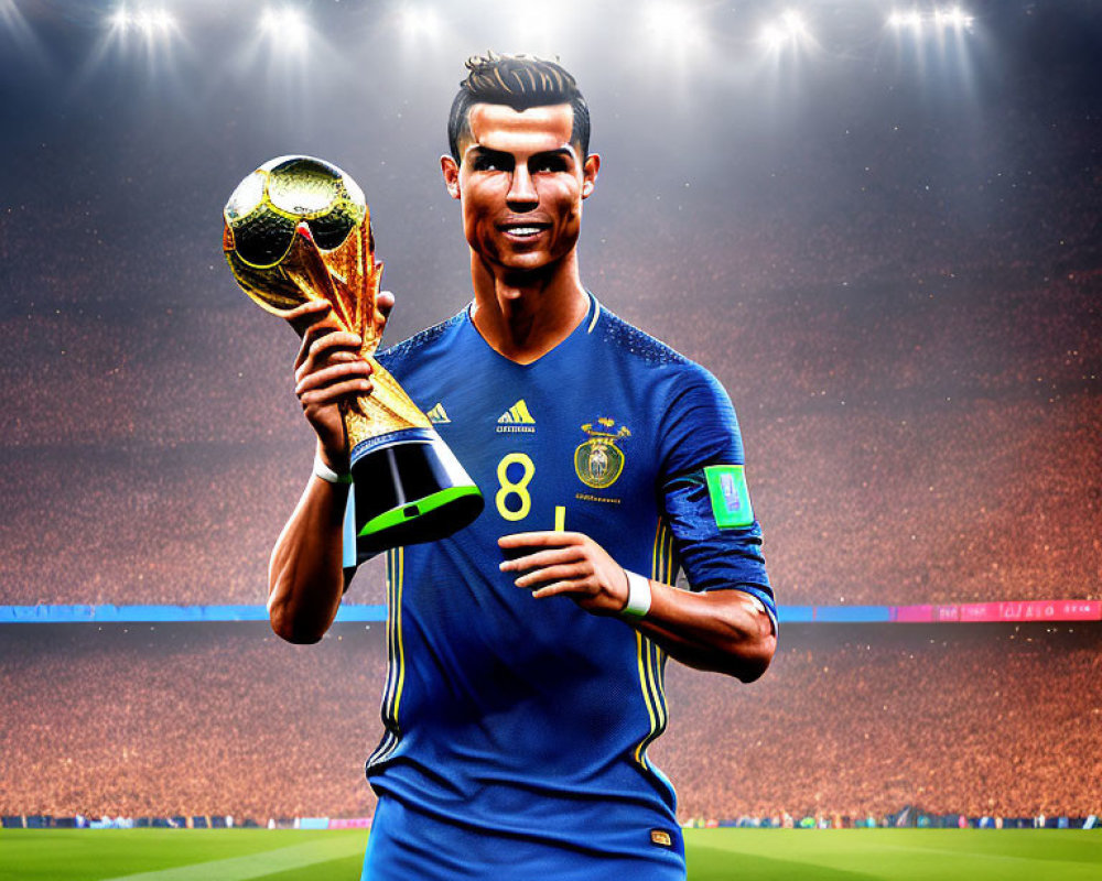 Digital artwork: Soccer player in blue kit with trophy in stadium backdrop