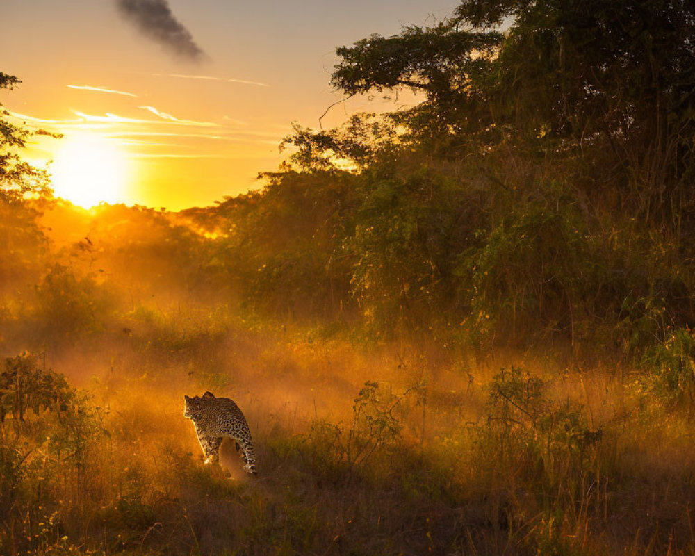 Leopard in Dusty Savanna at Sunset: Golden Hour Glow