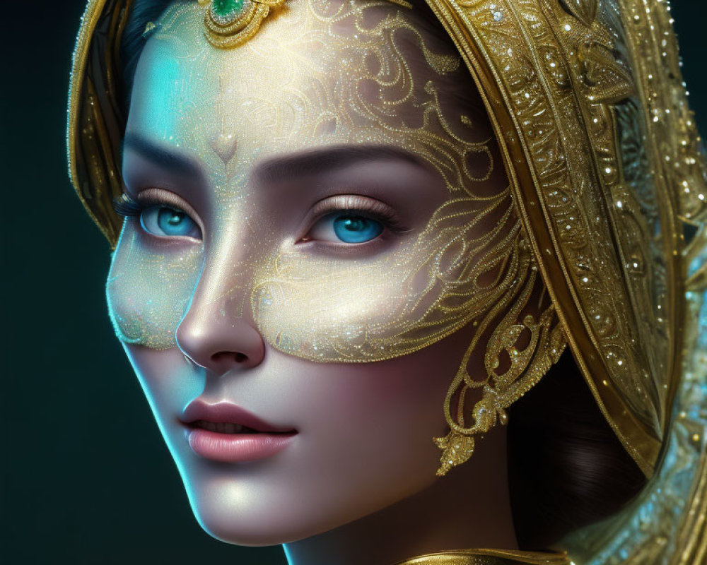 Woman Portrait with Gold Headdress and Jeweled Forehead Piece