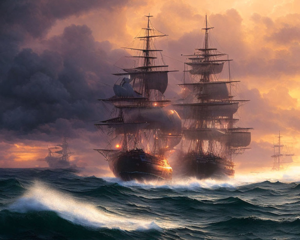 Tall ships with illuminated windows in stormy seas at sunset