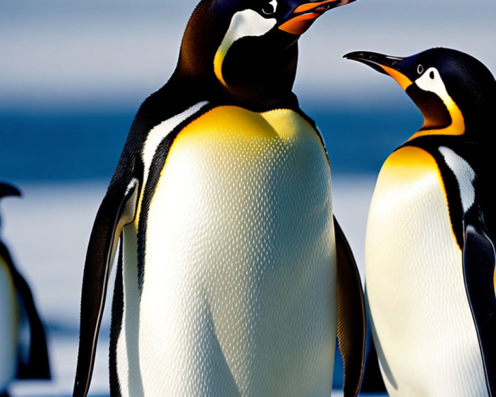 Emperor penguins on ice with blue sky