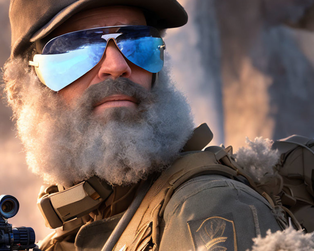 Confident bearded soldier in goggles with sniper rifle and tactical vest on rocky background