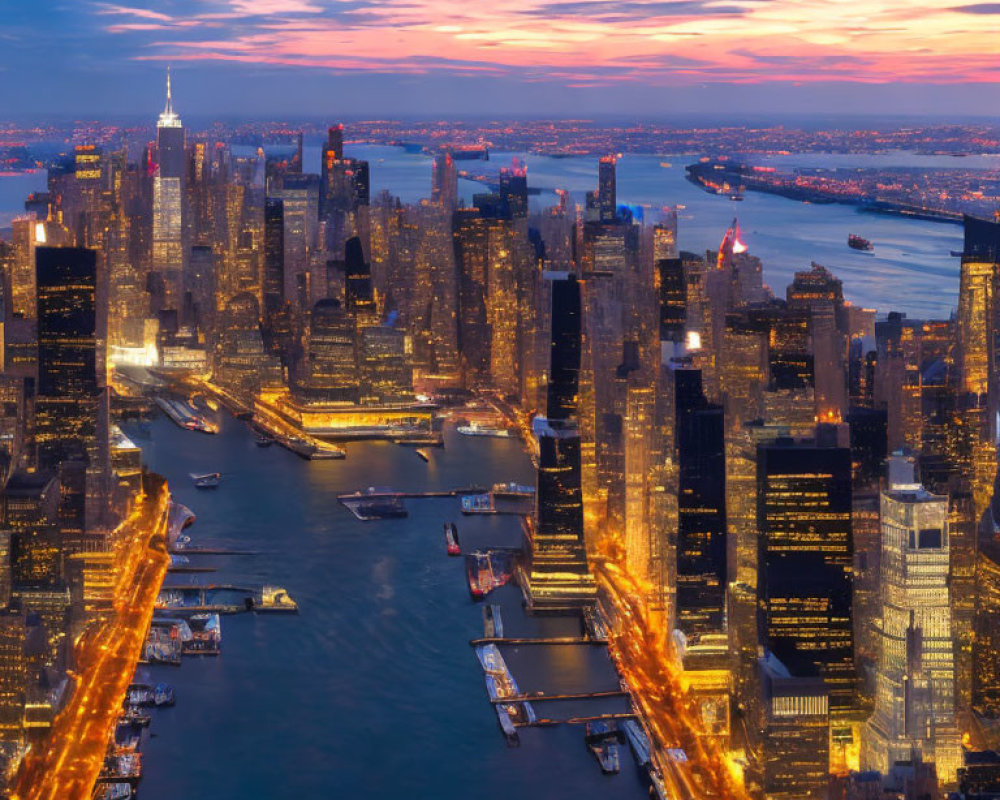 City skyline at dusk: Skyscrapers, waterfront, sunset sky