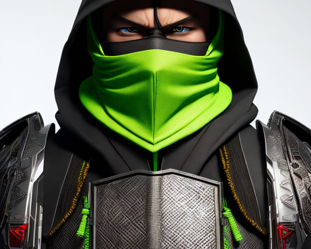 Hooded figure in black outfit with neon green mask and metallic armor