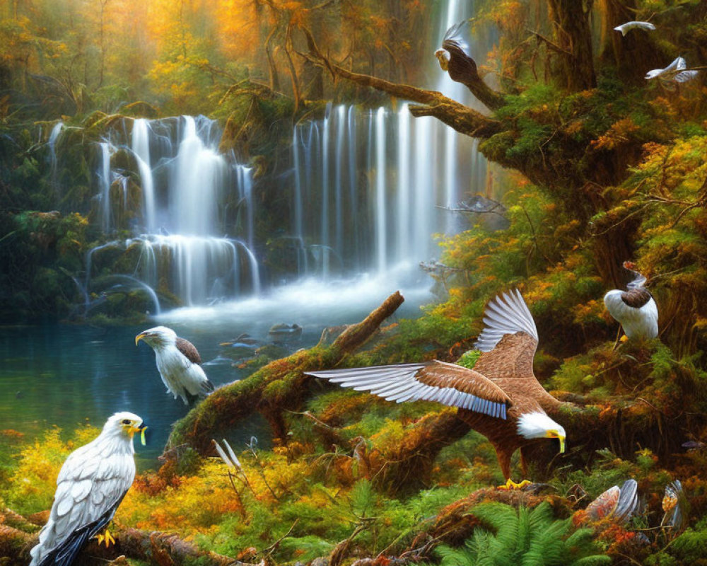 Scenic waterfall with autumn colors and eagles