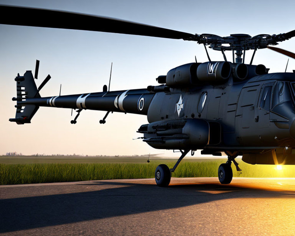 Military helicopter silhouette on runway at sunset with blades and weaponry.