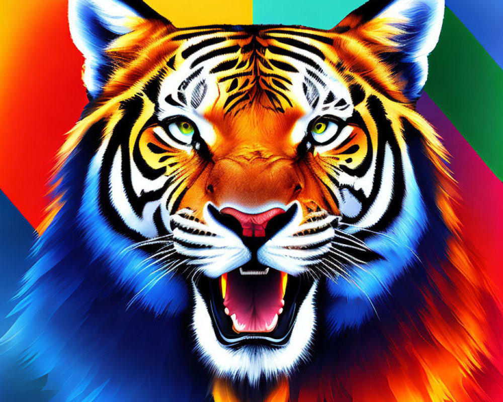 Colorful Tiger Face Art on Multicolored Background