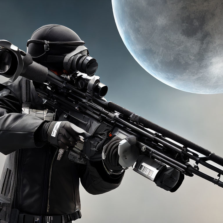 Masked Sniper in Black Tactical Gear Aiming Rifle Against Moonlit Sky